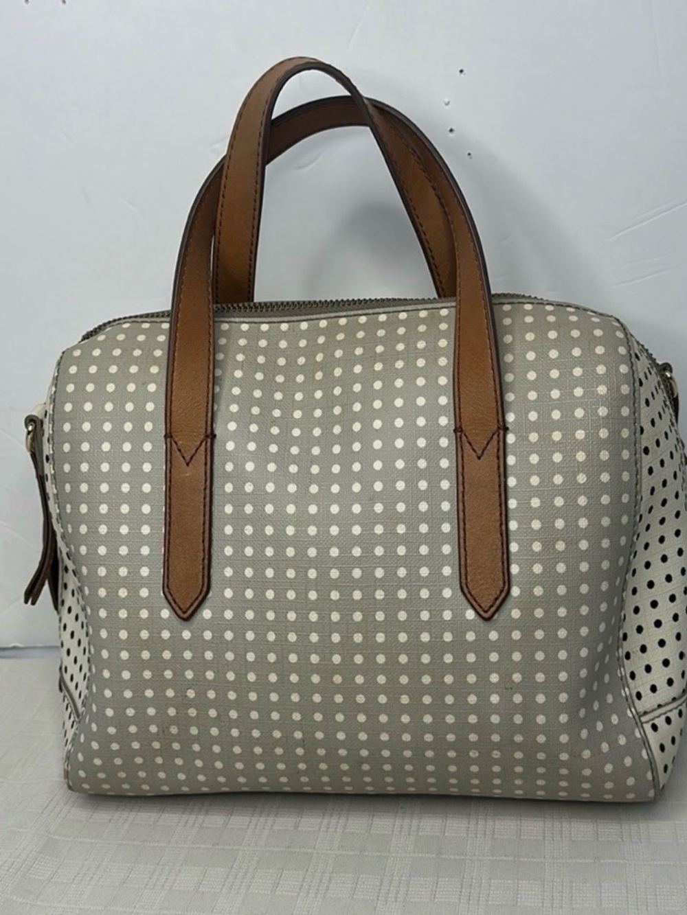 Fossil Beige Polka Dot Satchel with Brown Leather Trim - Picture 2 of 8